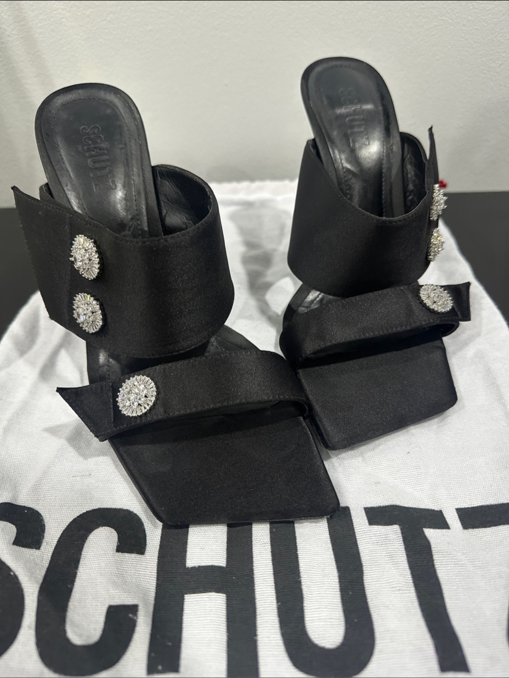SCHUTZ Black Satin Embellished Mules